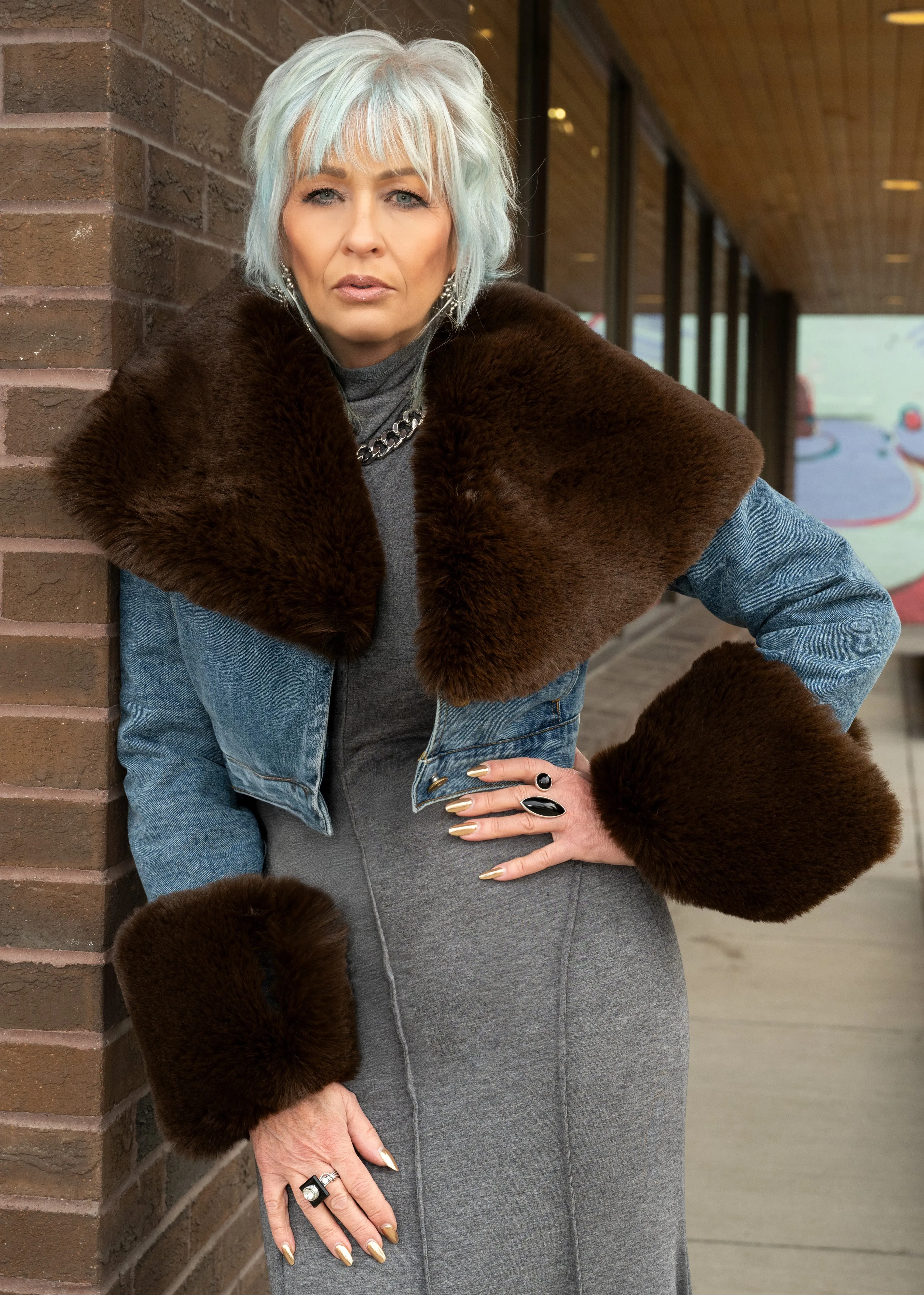 Cropped Denim Faux Fur Trimmed Jacket