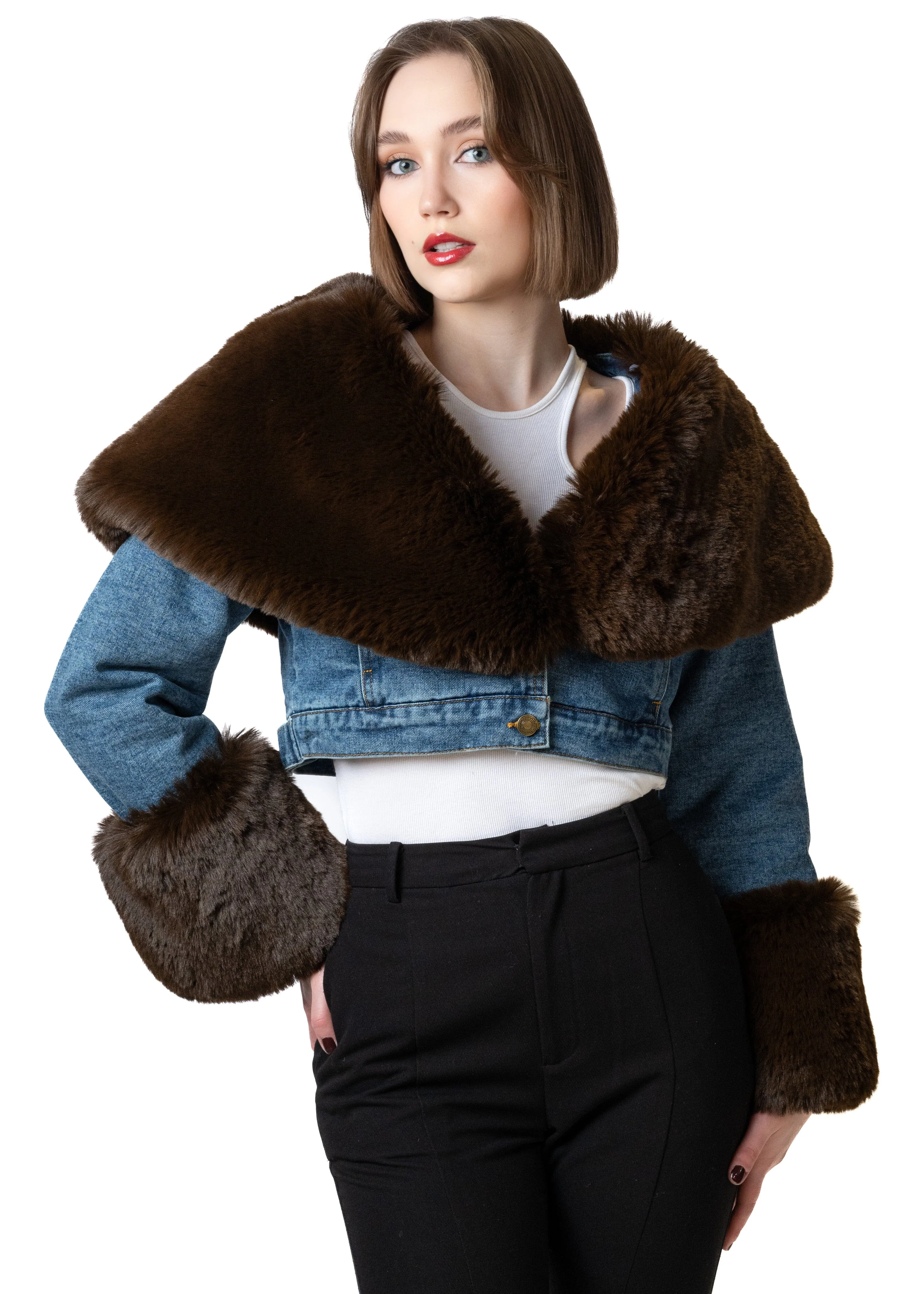 Cropped Denim Faux Fur Trimmed Jacket