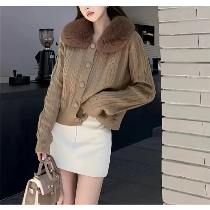 Faux Fur-Collar Cable-Knit Cardigan in 6 Colors