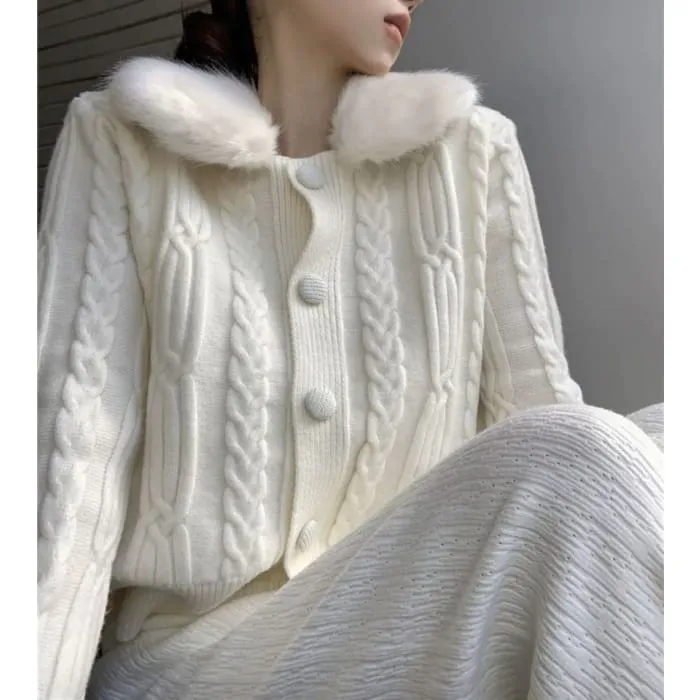Faux Fur-Collar Cable-Knit Cardigan in 6 Colors