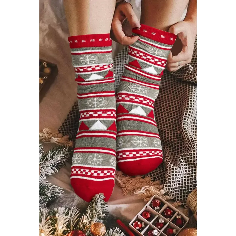Fiery Red Christmas Snowflake Crew Socks in Luxury Fashion for Women