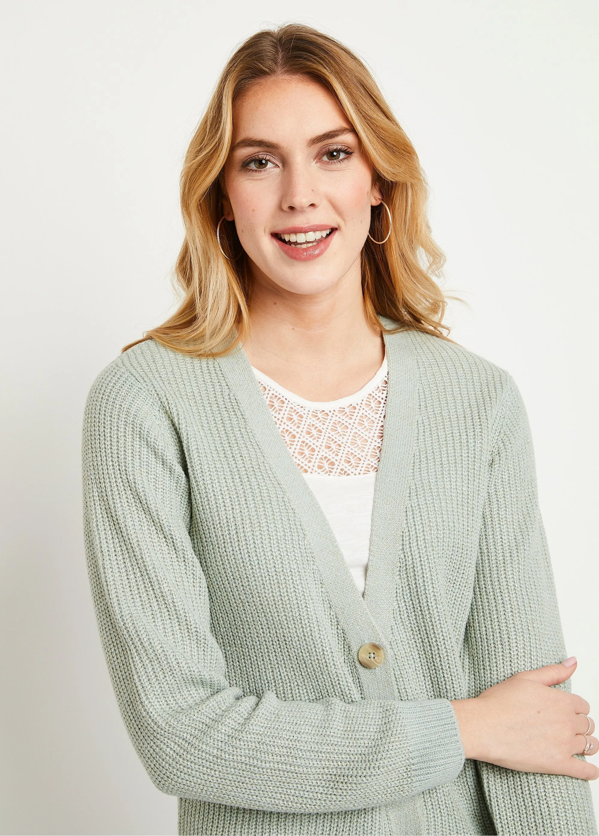 Gilet long boutonné brillant manches longues