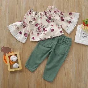 Girls Floral Printed Lace Flared Sleeve Tops & Ripped Pants