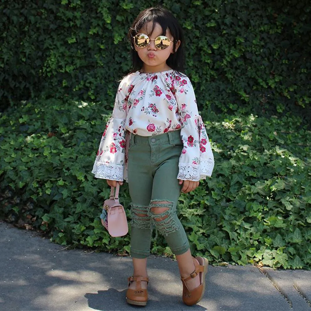 Girls Floral Printed Lace Flared Sleeve Tops & Ripped Pants