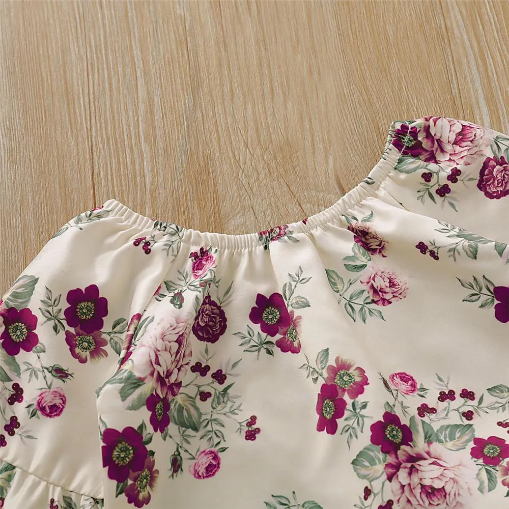 Girls Floral Printed Lace Flared Sleeve Tops & Ripped Pants