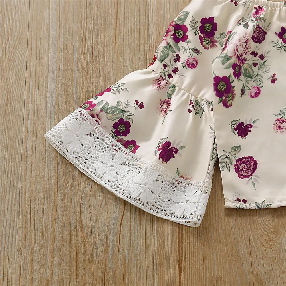 Girls Floral Printed Lace Flared Sleeve Tops & Ripped Pants
