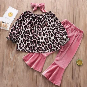 Girls Leopard Long Sleeve Top & Flared Pants & Headband Wholesale Girls Clothing