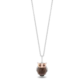 Hallmark Fine Jewelry Sterling Silver and 14K Rose Gold Smokey Quartz Owl Pendant
