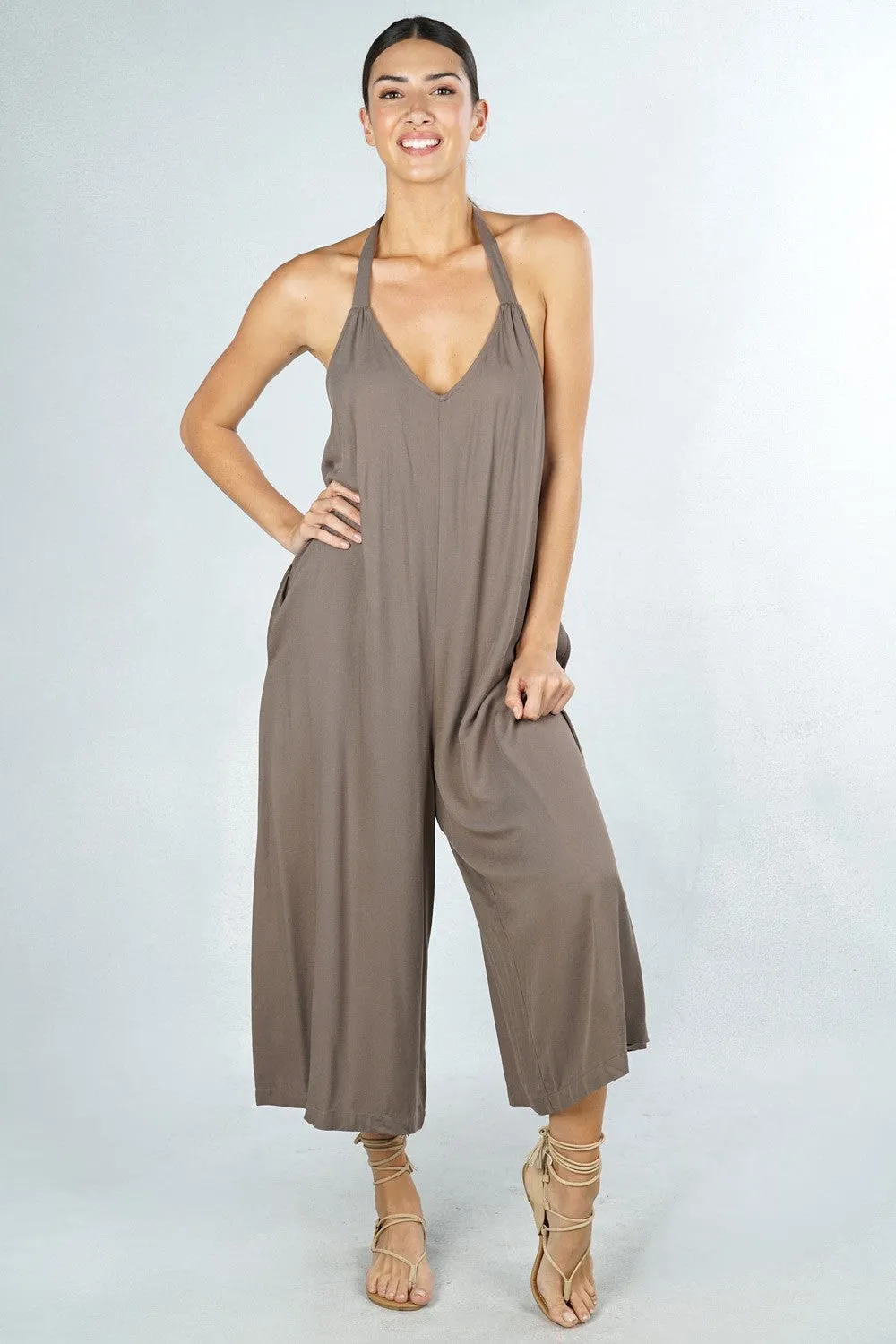 Halter V Neck Open Back Jumpsuit