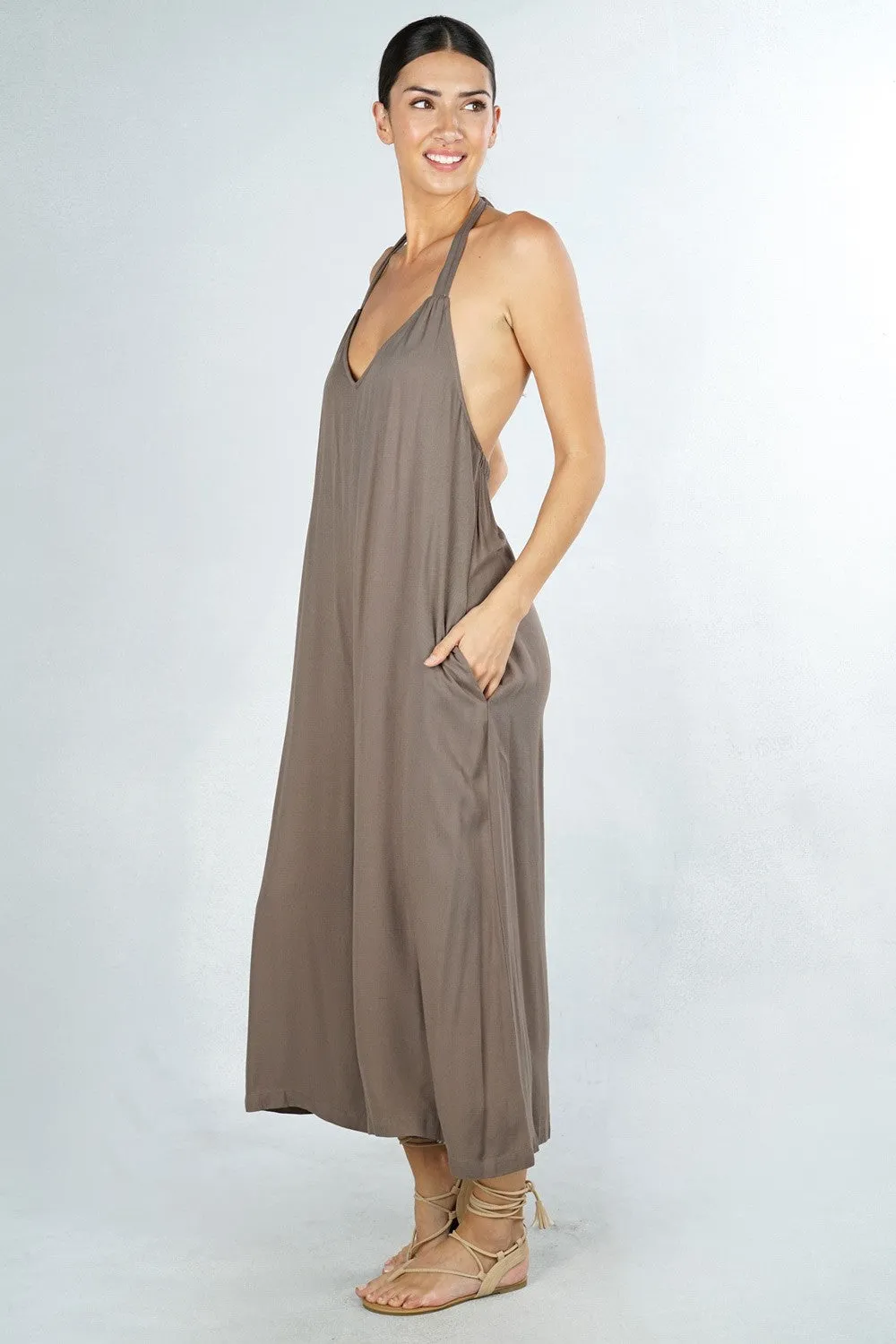 Halter V Neck Open Back Jumpsuit