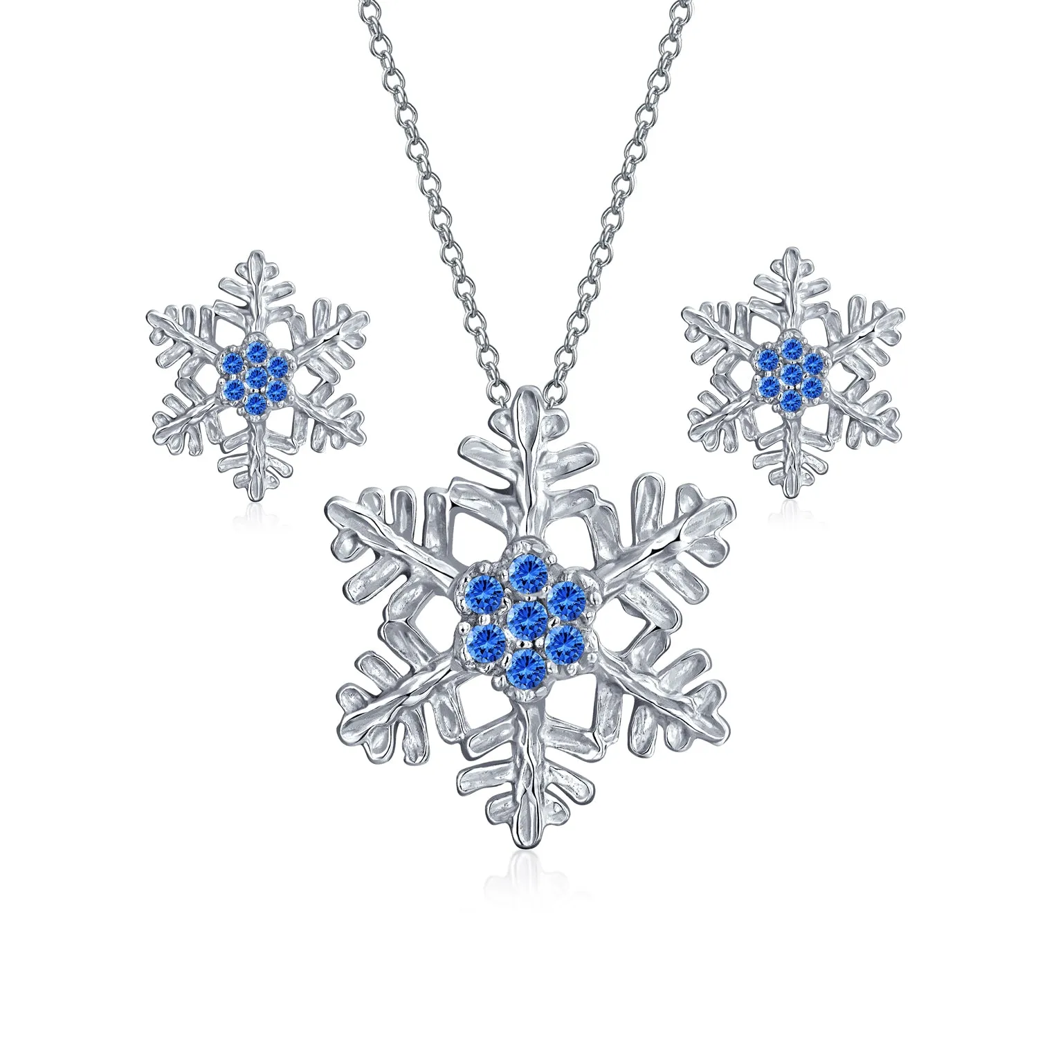 Holiday Party Snowflake Pendant Necklace & Earrings Ice Blue CZ Sterling Silver