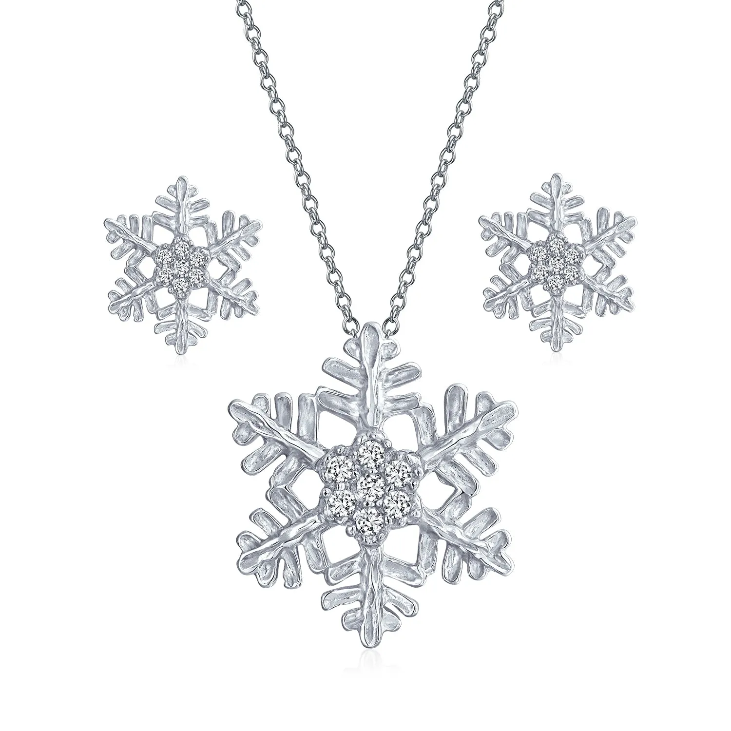 Holiday Party Snowflake Pendant Necklace & Earrings Ice Blue CZ Sterling Silver
