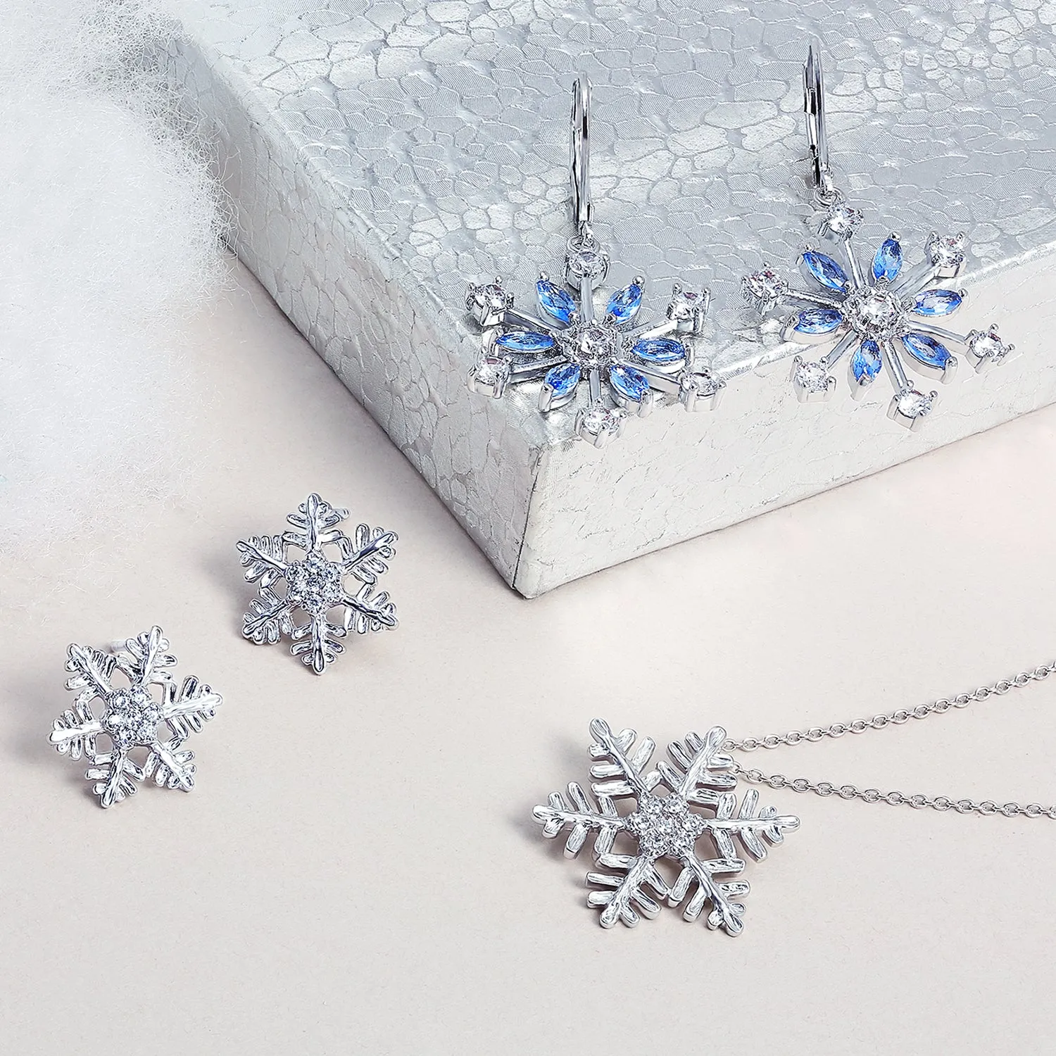 Holiday Party Snowflake Pendant Necklace & Earrings Ice Blue CZ Sterling Silver