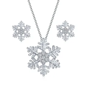Holiday Party Snowflake Pendant Necklace & Earrings Ice Blue CZ Sterling Silver