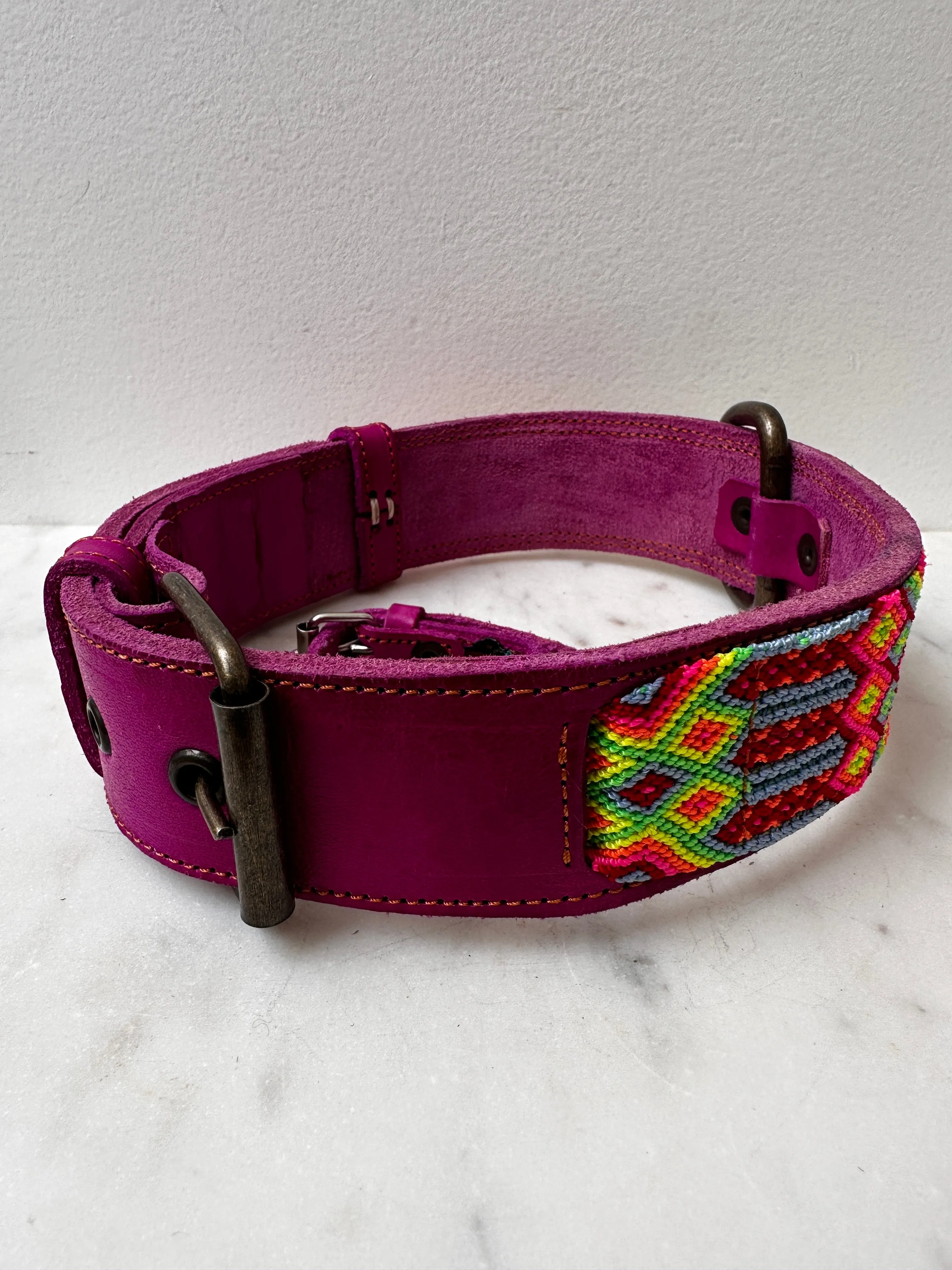 Huichol Leather Wide Dog Collar L1