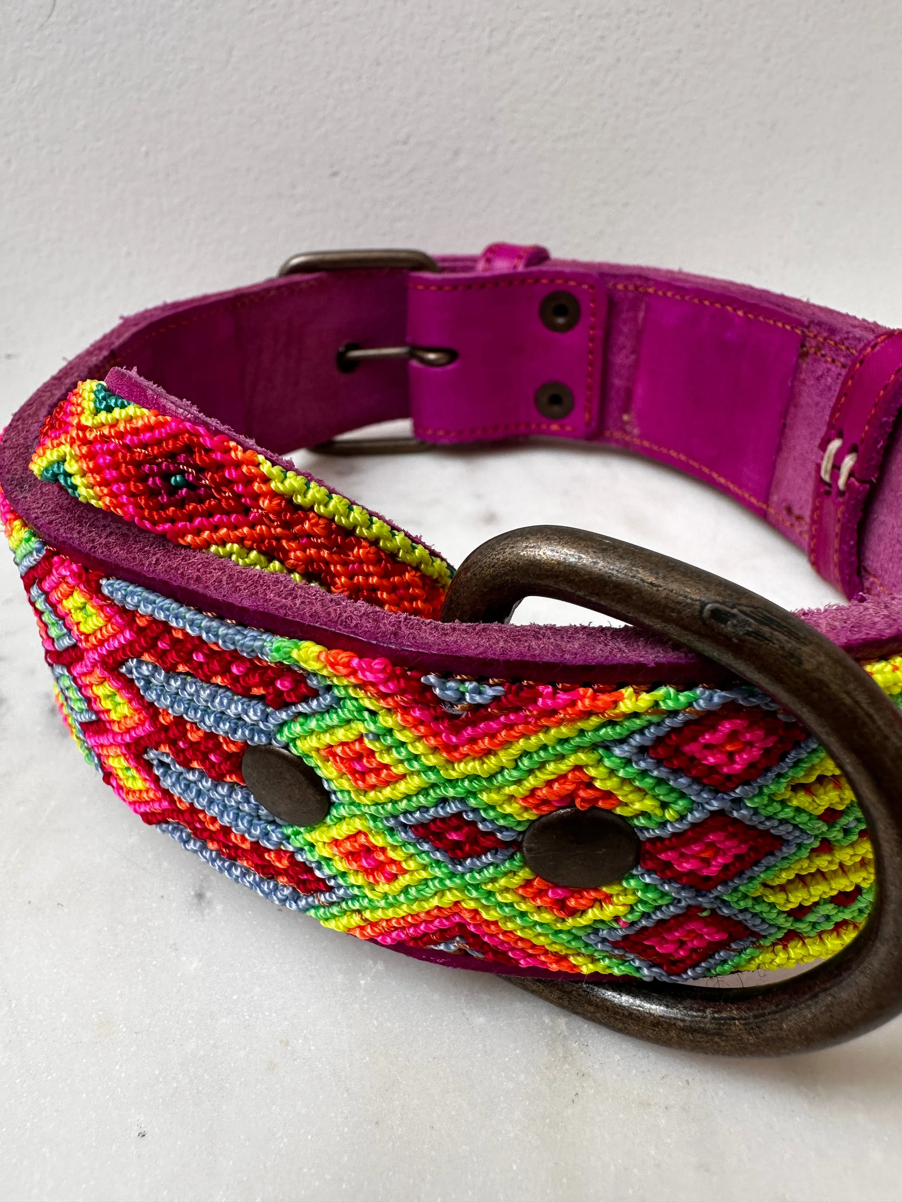Huichol Leather Wide Dog Collar L1