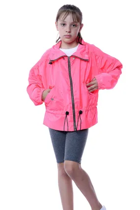 Kids Neon Pink High Neck Hooded Festival Jacket - Parker