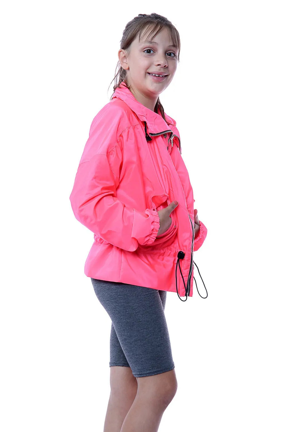 Kids Neon Pink High Neck Hooded Festival Jacket - Parker