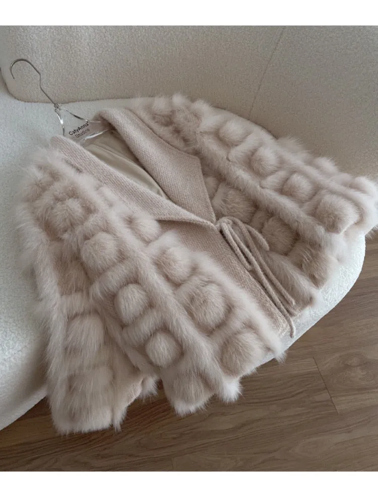 Knitted blended Belt Turn Down Collar Coat
