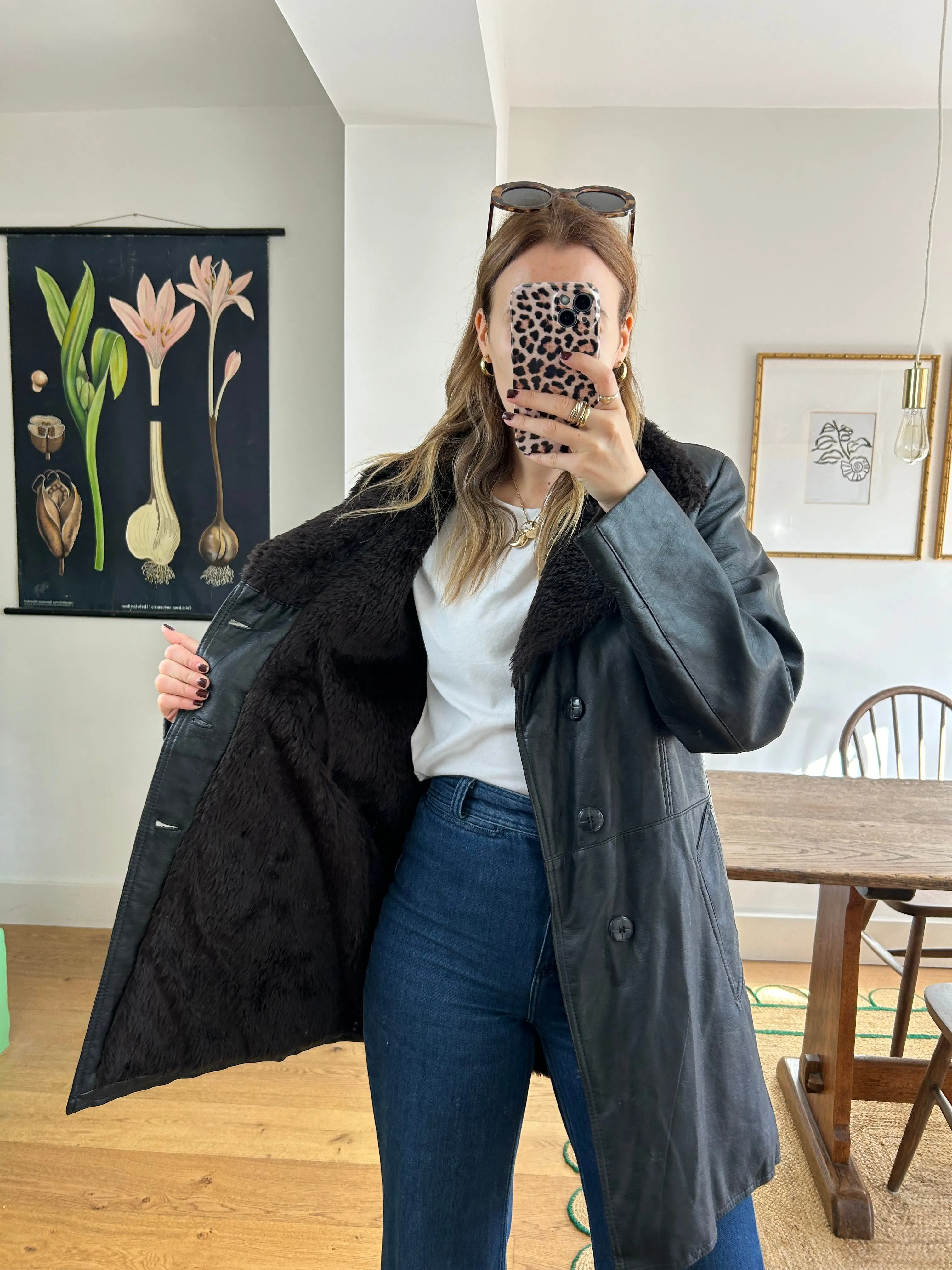 Leather Coat with Faux Fur Collar - M