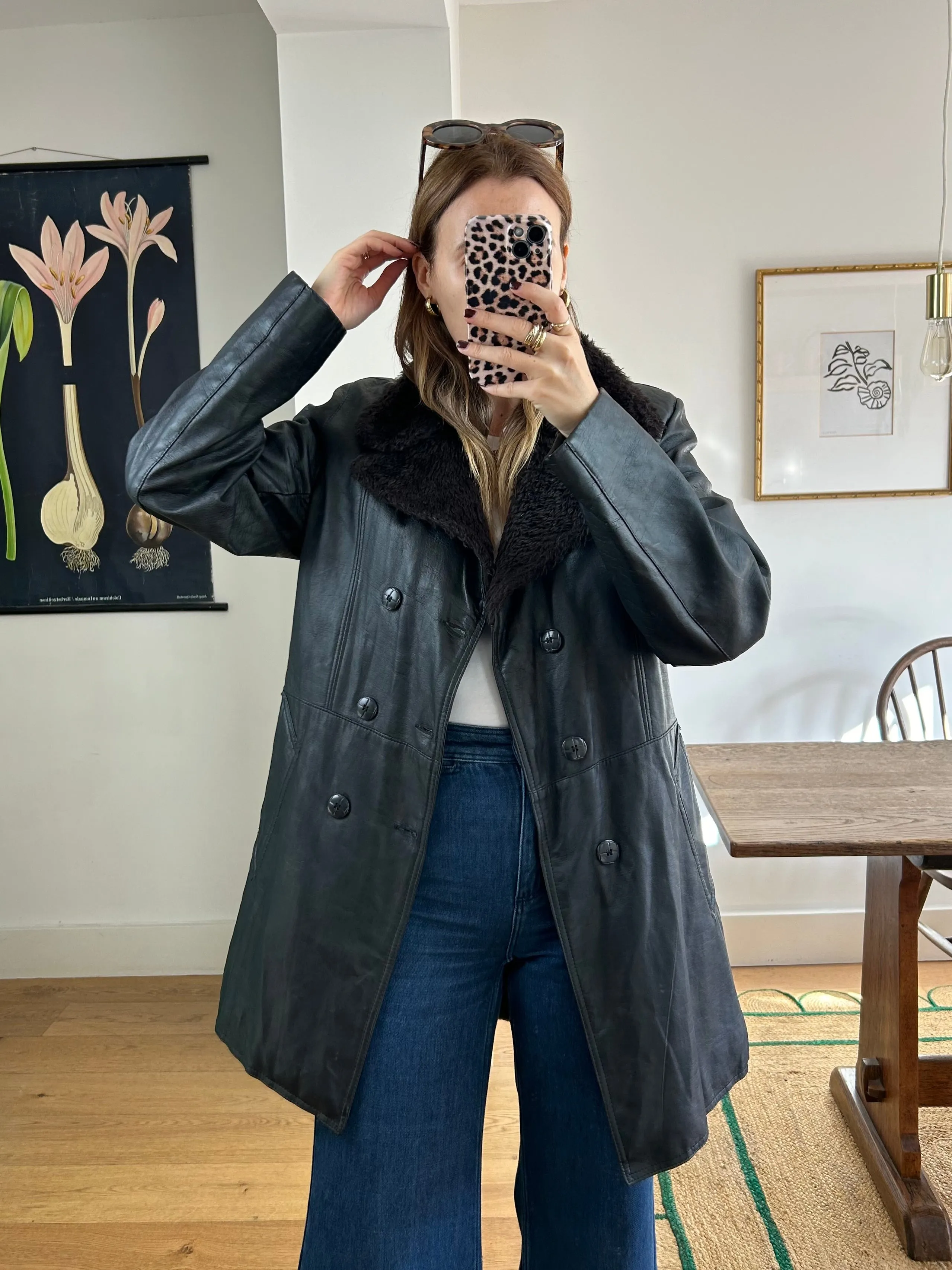 Leather Coat with Faux Fur Collar - M