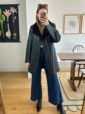 Leather Coat with Faux Fur Collar - M