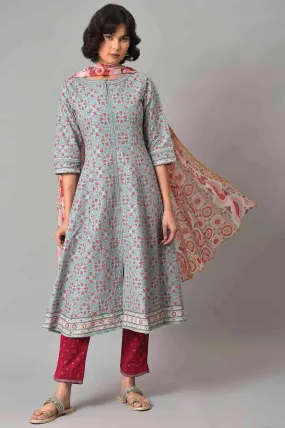 Light Blue Floral Printed kurta With Pink Slim Pants And Dupatta