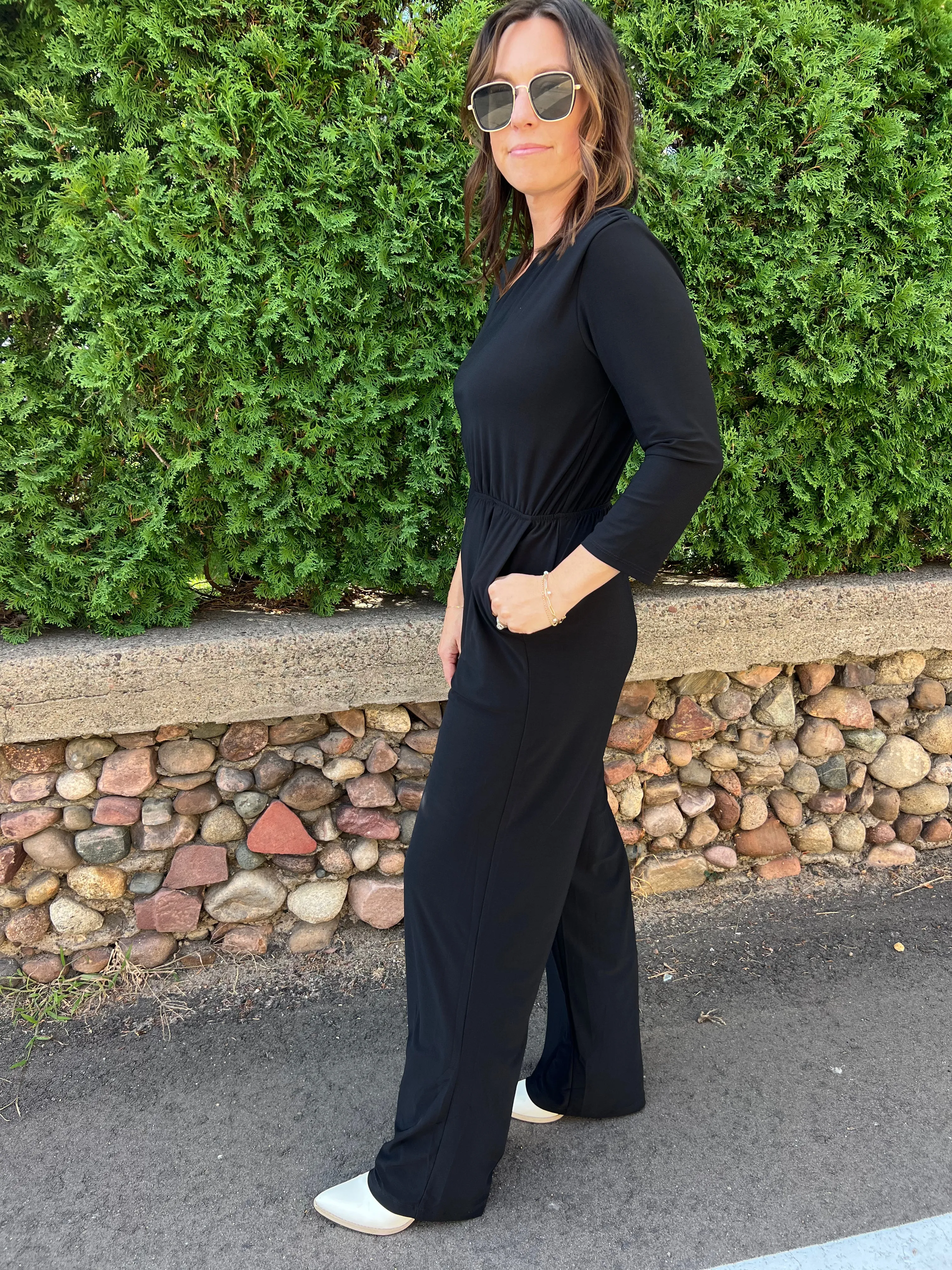 Long Sleeve Unbalanced Neck One Shoulder Jumpsuit