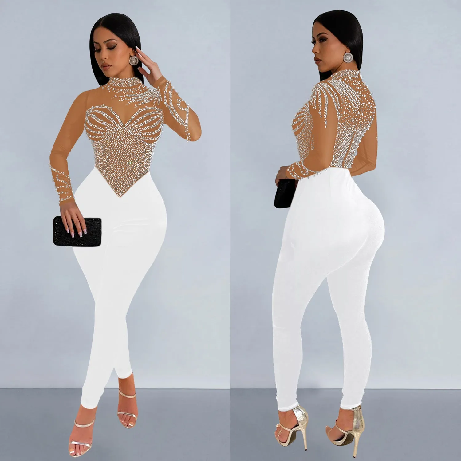 MB2202 diamond round neck long sleeve hollow out jumpsuit solid bodycon casual sexy bodysuit for women