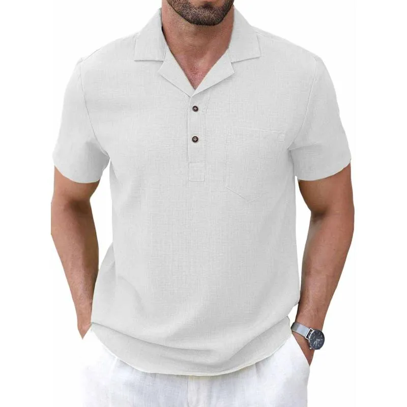 Men's Casual Cotton Linen Lapel Slim Fit Short-sleeved Pullover Shirt 90591156M