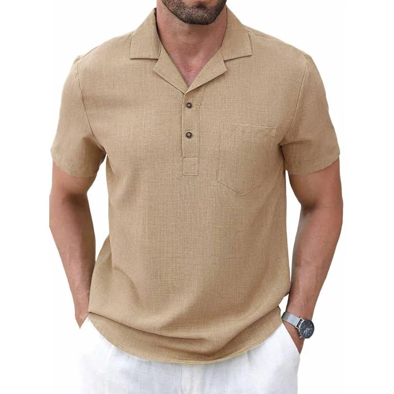 Men's Casual Cotton Linen Lapel Slim Fit Short-sleeved Pullover Shirt 90591156M