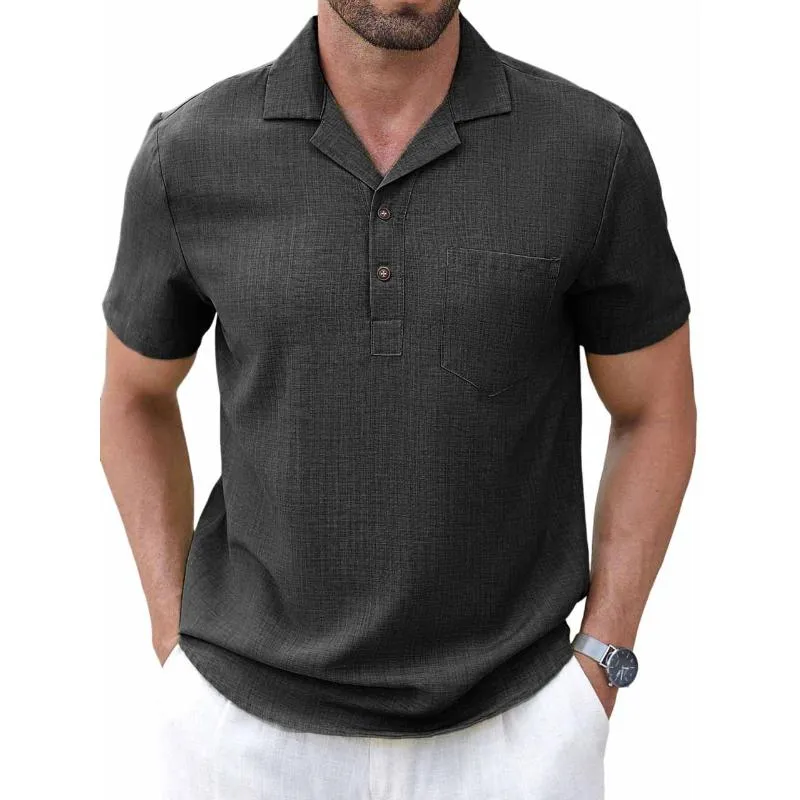 Men's Casual Cotton Linen Lapel Slim Fit Short-sleeved Pullover Shirt 90591156M