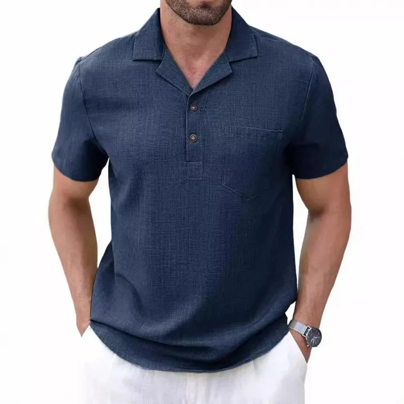 Men's Casual Cotton Linen Lapel Slim Fit Short-sleeved Pullover Shirt 90591156M