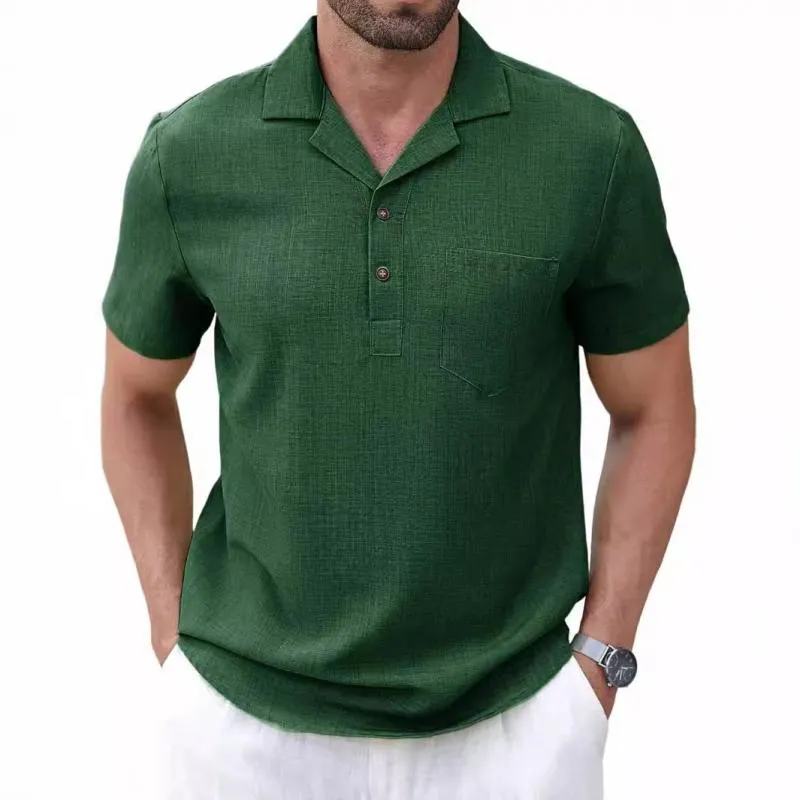 Men's Casual Cotton Linen Lapel Slim Fit Short-sleeved Pullover Shirt 90591156M