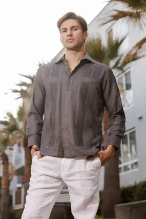 Men's Cotton Blend Guayabera Chacabana Shirt Long Sleeve with Contrast Stitching Accent