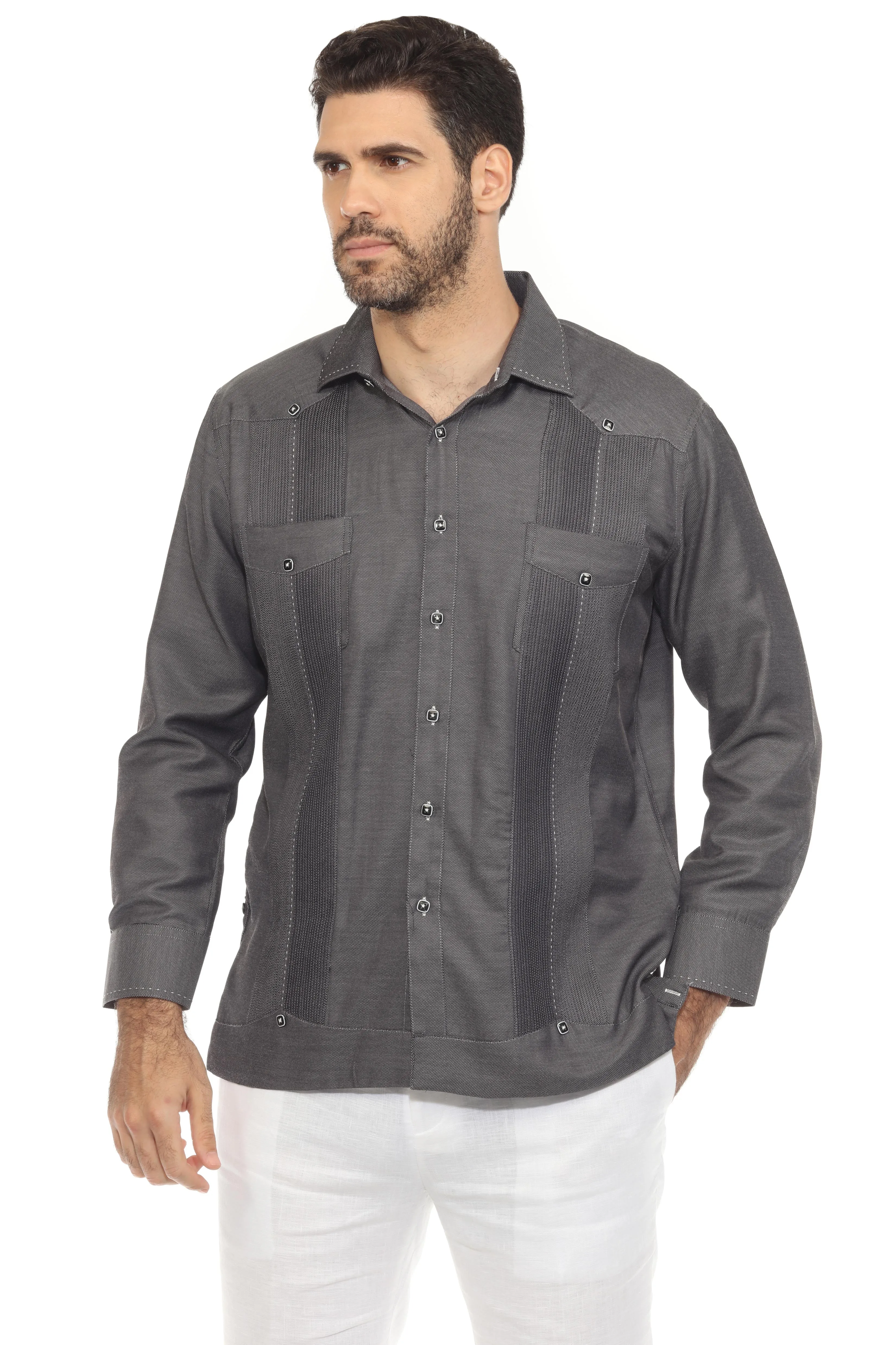 Men's Cotton Blend Guayabera Chacabana Shirt Long Sleeve with Contrast Stitching Accent