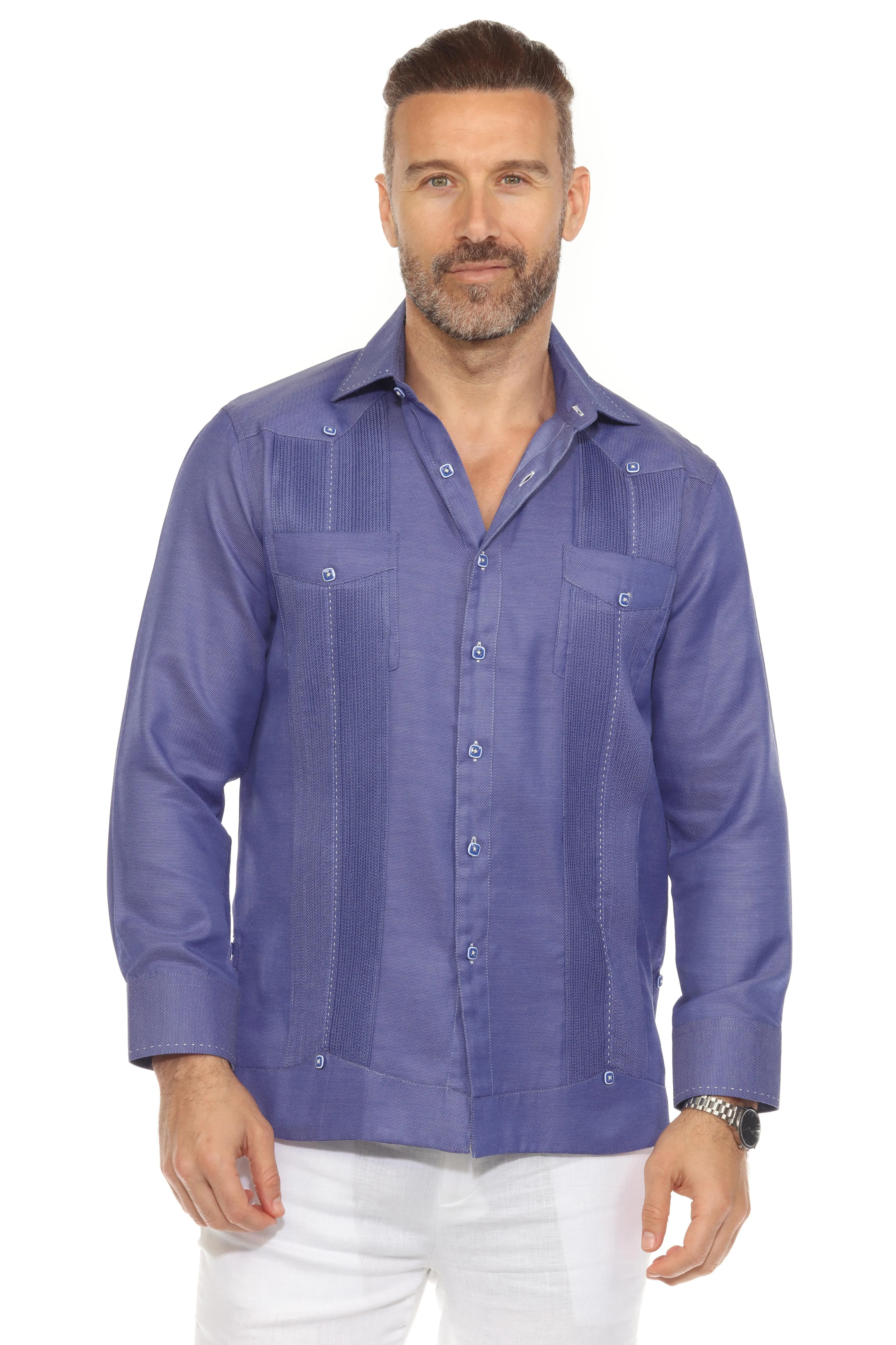 Men's Cotton Blend Guayabera Chacabana Shirt Long Sleeve with Contrast Stitching Accent