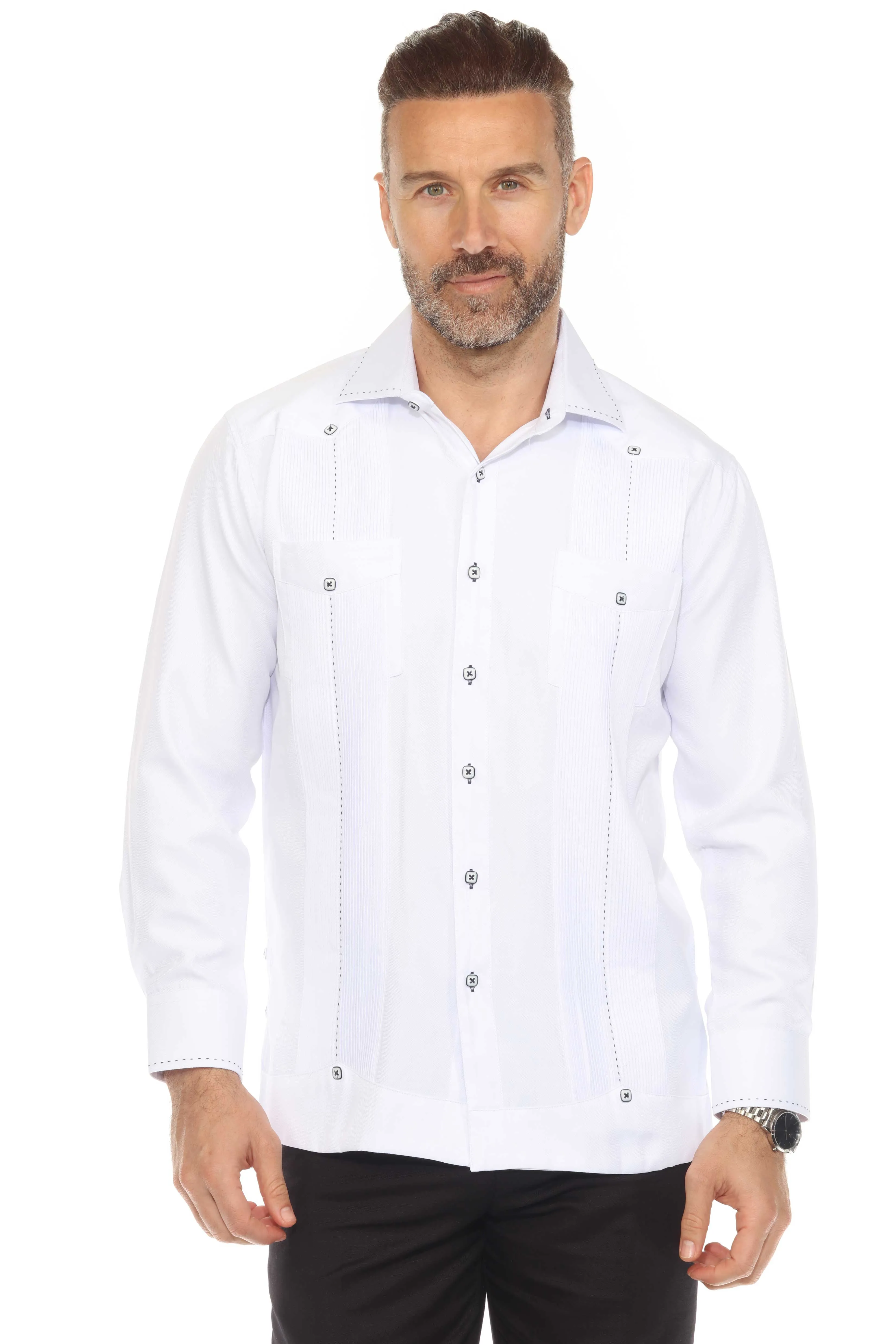 Men's Cotton Blend Guayabera Chacabana Shirt Long Sleeve with Contrast Stitching Accent