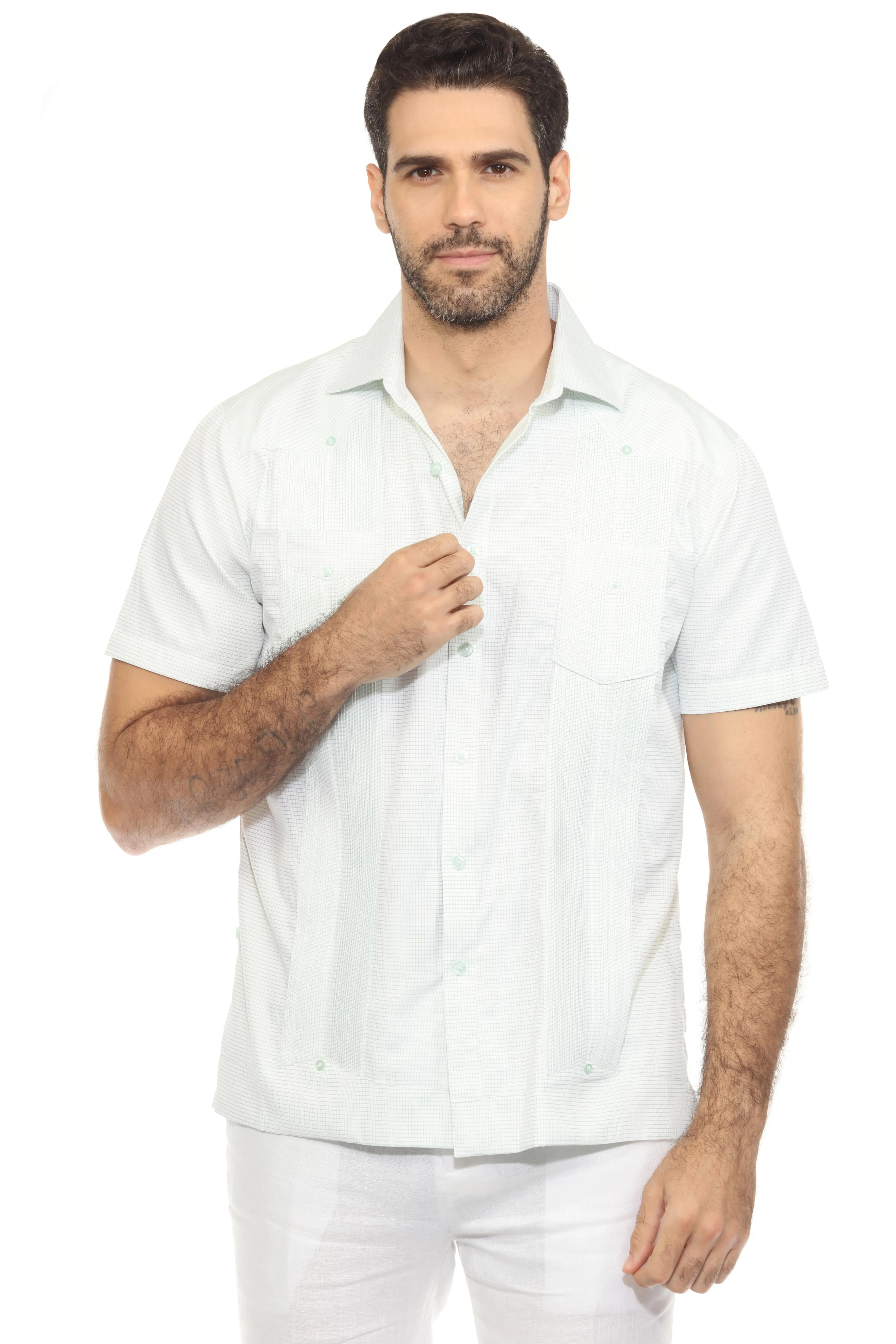 Men's Cotton Blend Guayabera Chacabana Shirt Short Sleeve in Micro Checker Print