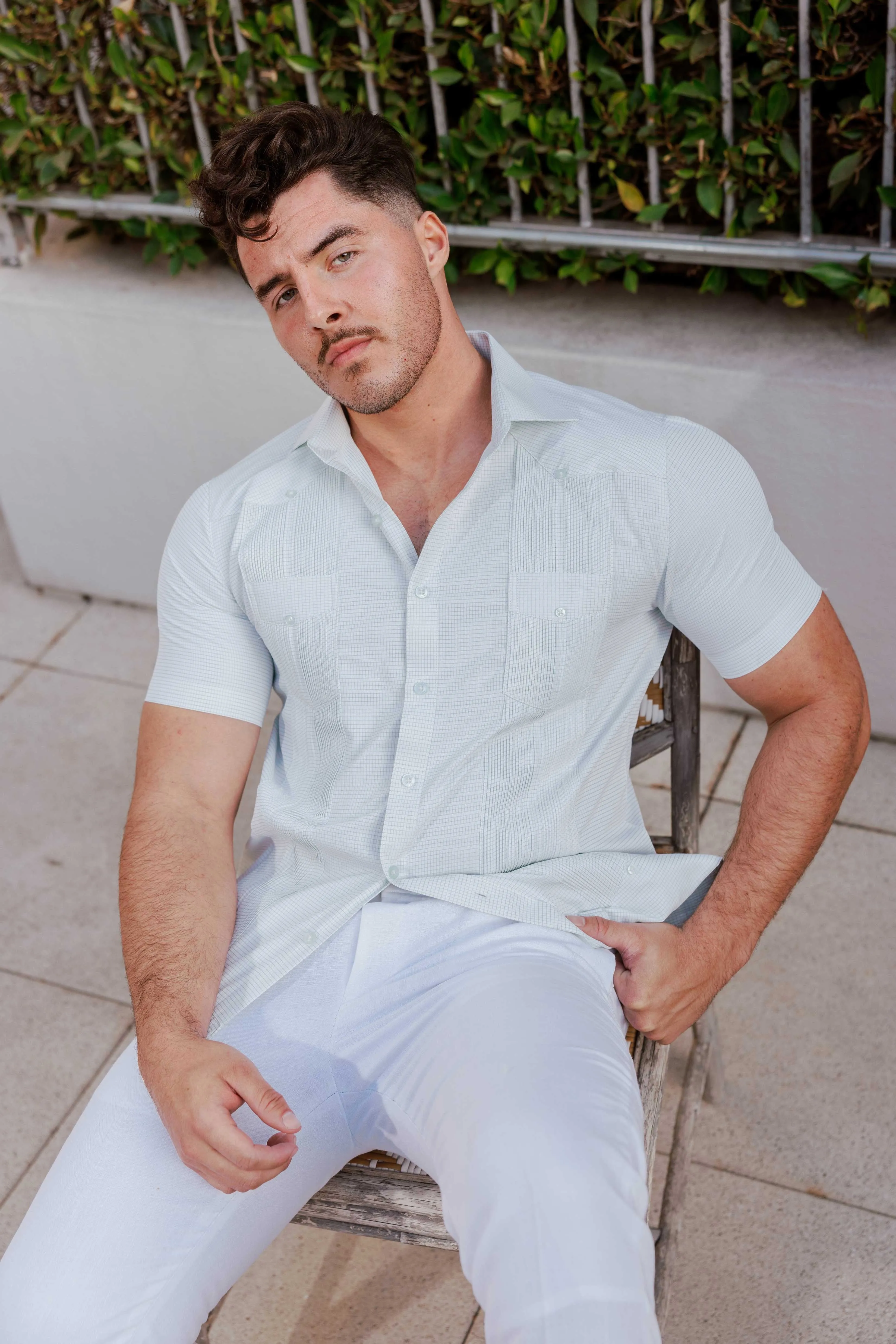 Men's Cotton Blend Guayabera Chacabana Shirt Short Sleeve in Micro Checker Print