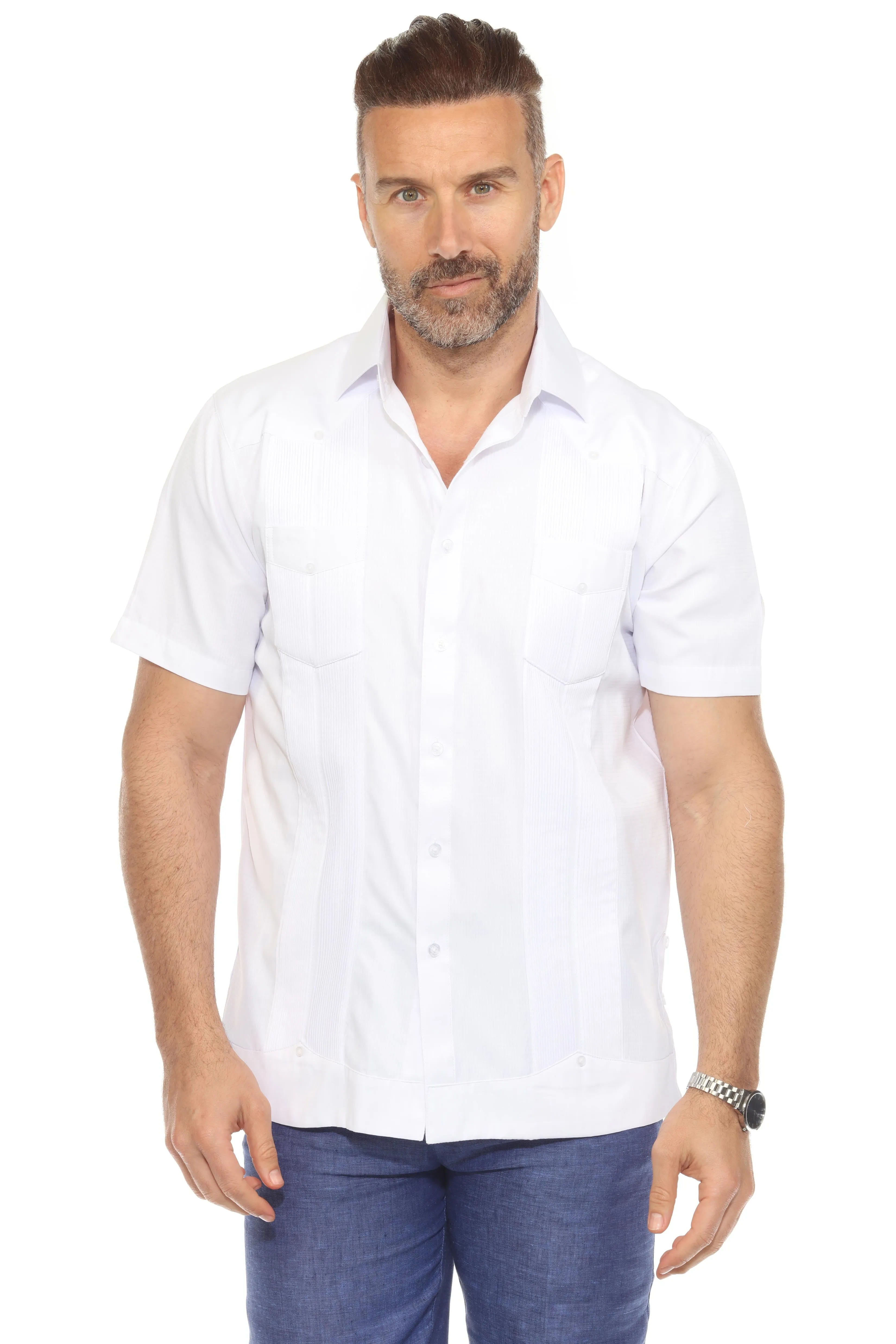 Men's Cotton Blend Guayabera Chacabana Shirt Short Sleeve in Micro Checker Print