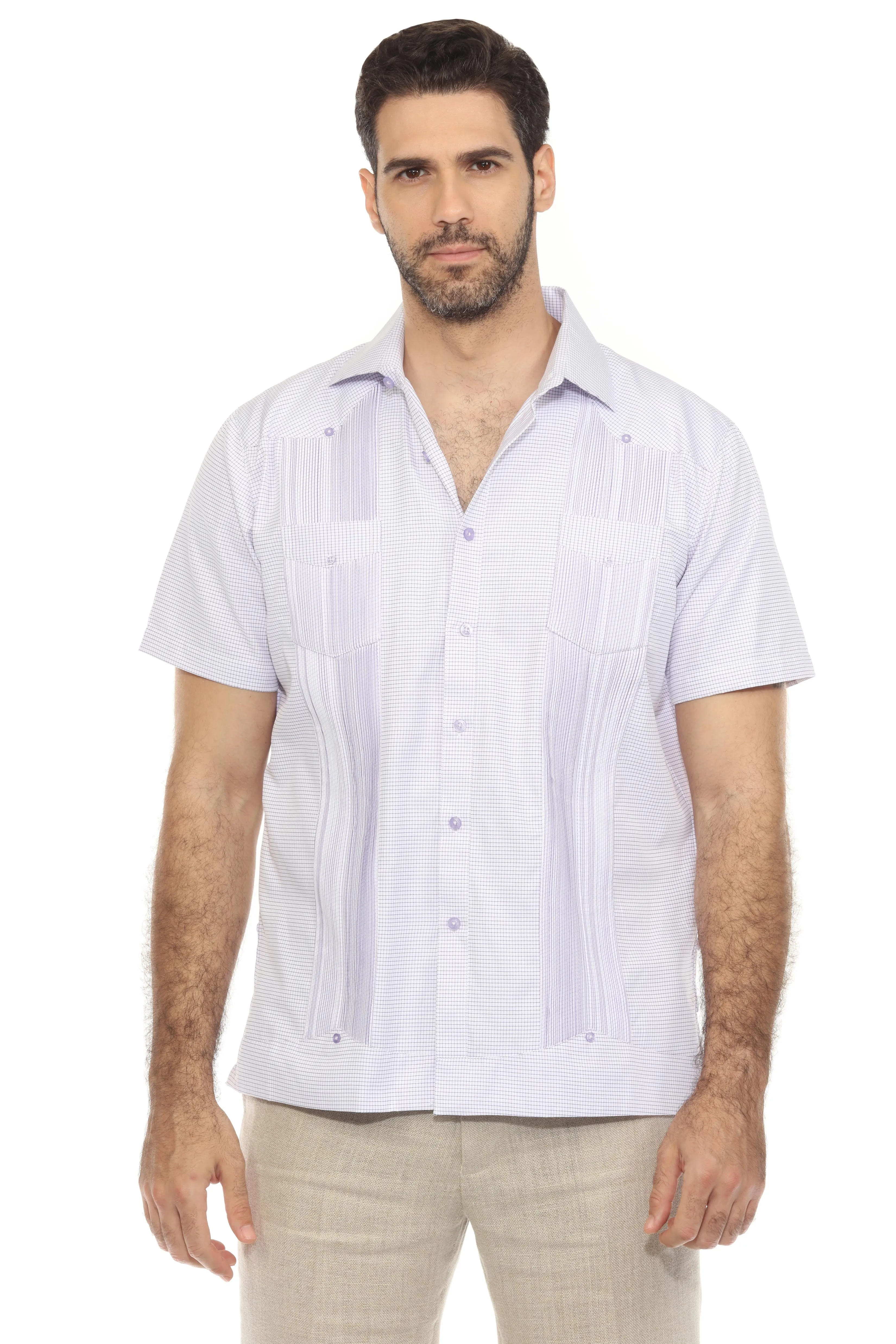 Men's Cotton Blend Guayabera Chacabana Shirt Short Sleeve in Micro Checker Print