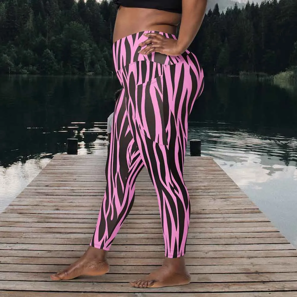 Pink & Black Zebra Crossover Leggings with Pockets, lioness-love