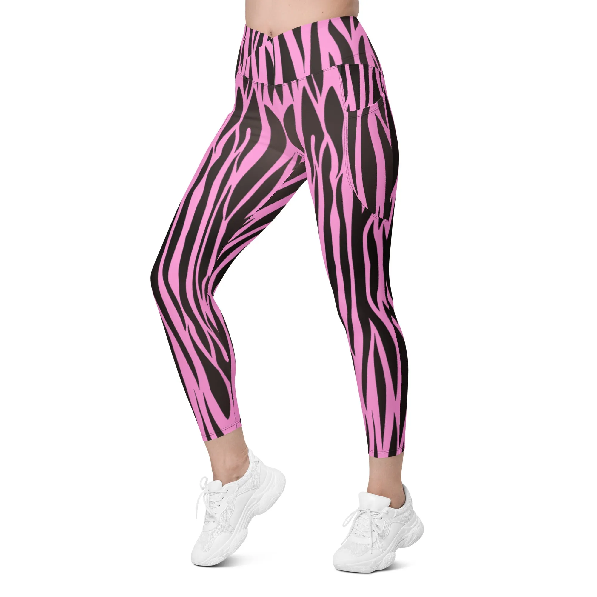 Pink & Black Zebra Crossover Leggings with Pockets, lioness-love