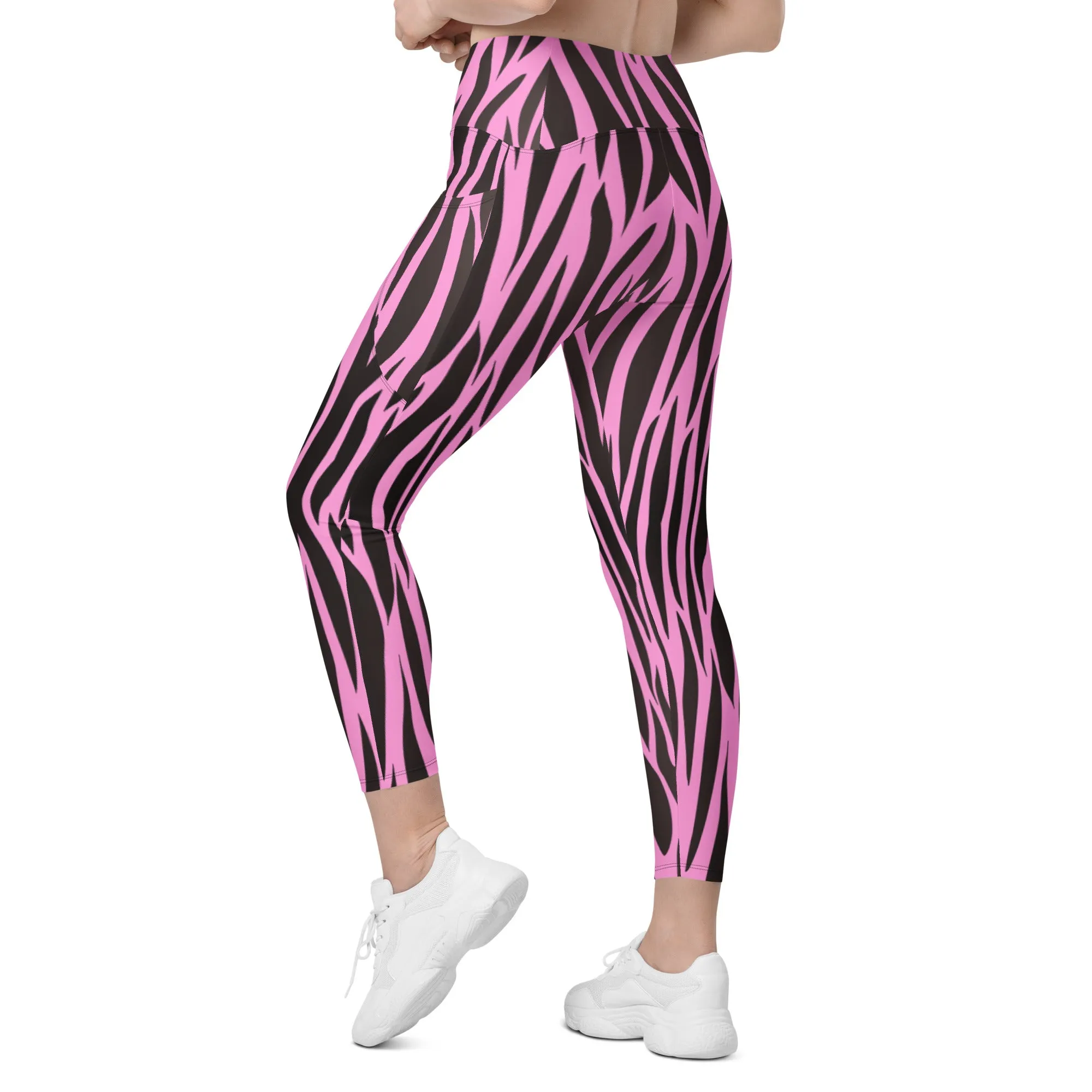Pink & Black Zebra Crossover Leggings with Pockets, lioness-love