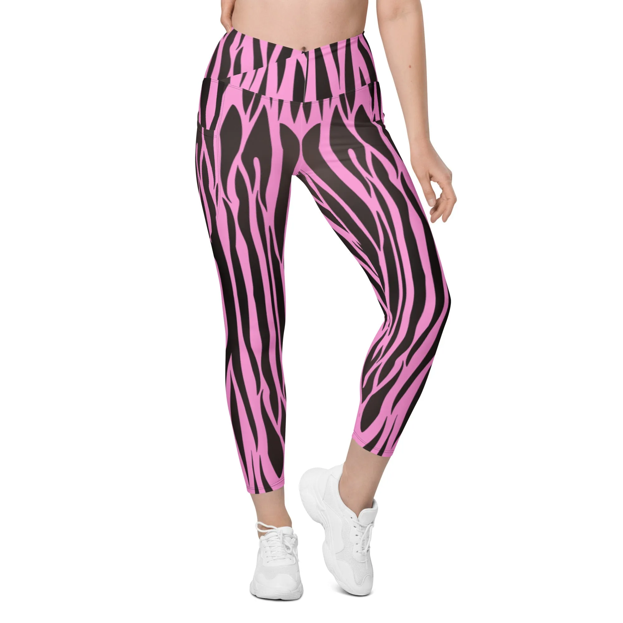 Pink & Black Zebra Crossover Leggings with Pockets, lioness-love