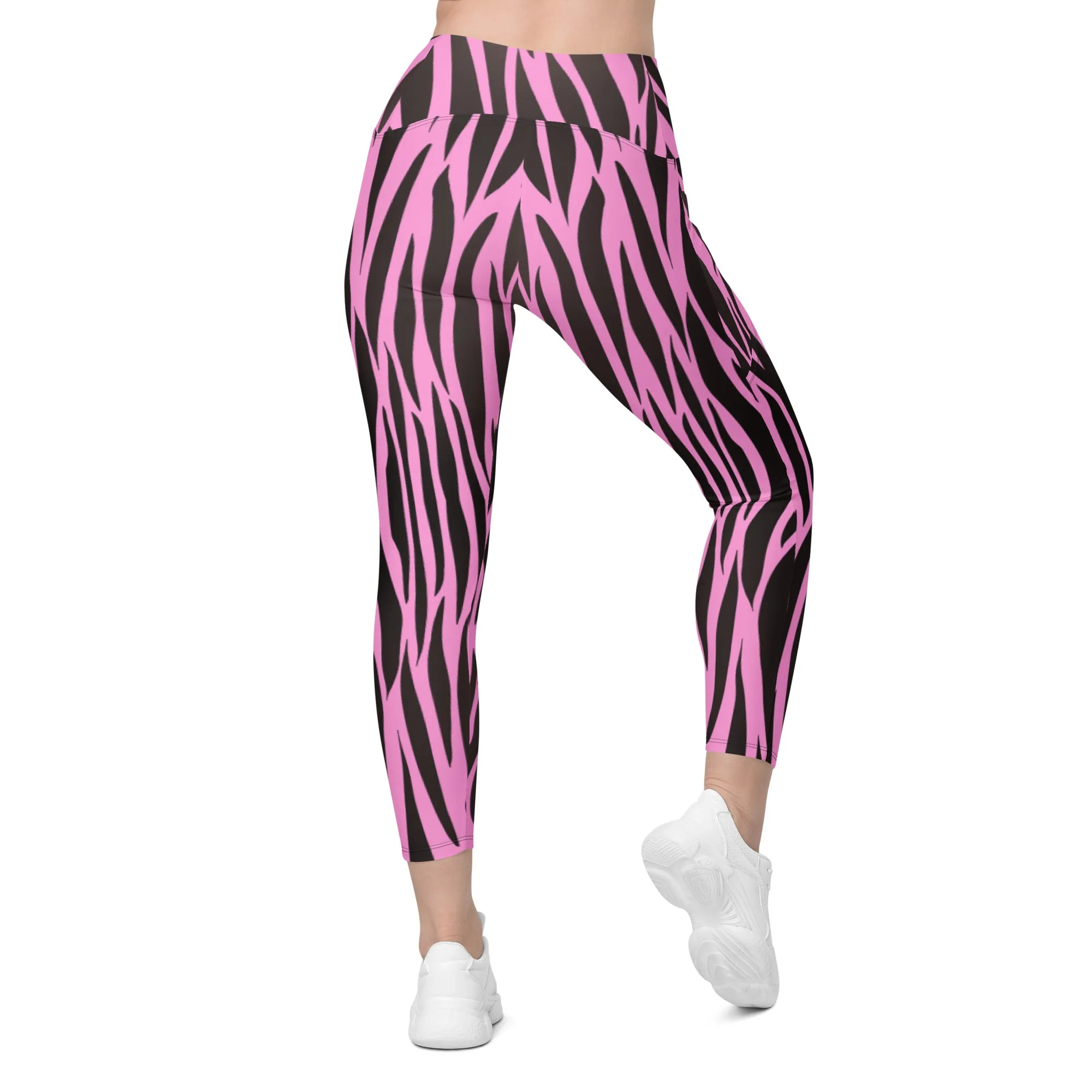 Pink & Black Zebra Crossover Leggings with Pockets, lioness-love