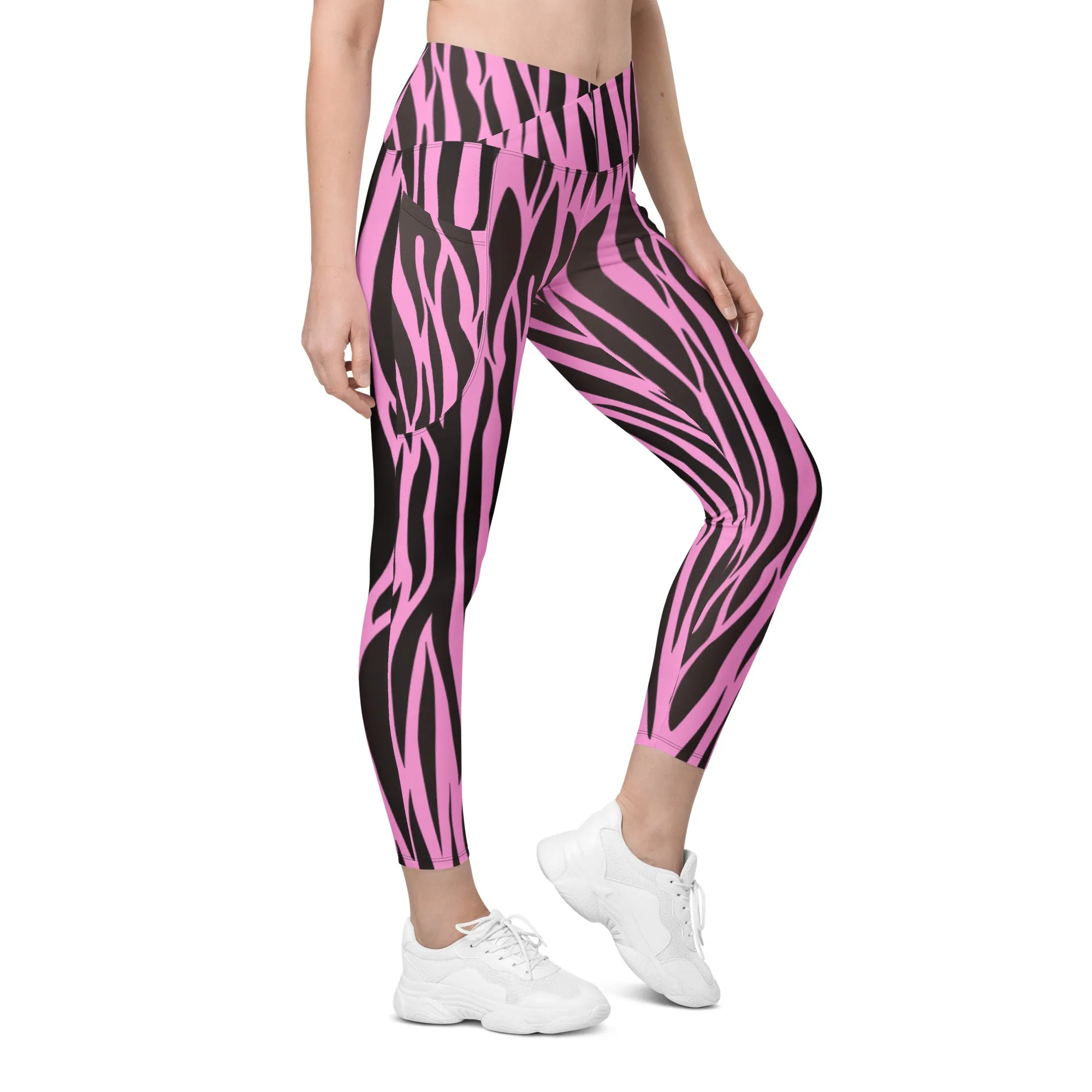 Pink & Black Zebra Crossover Leggings with Pockets, lioness-love