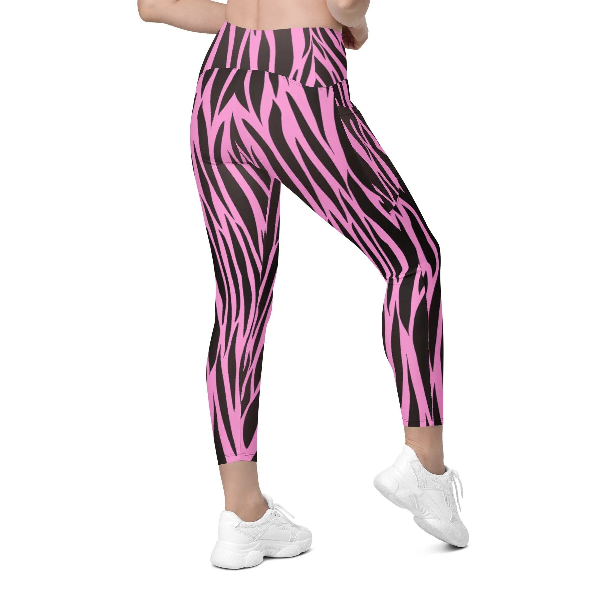 Pink & Black Zebra Crossover Leggings with Pockets, lioness-love