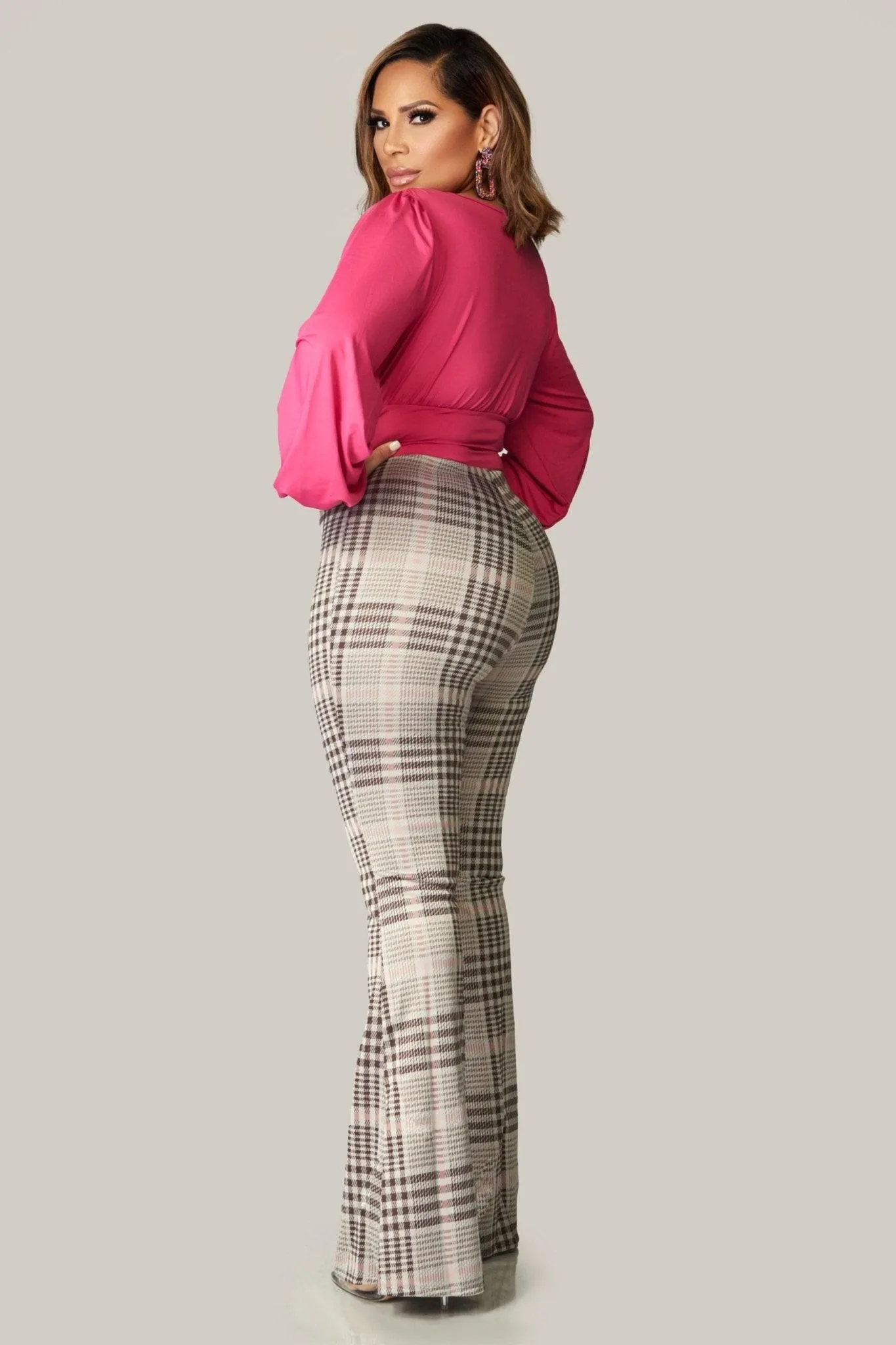 PLAID PRINTED FLARED LONG PANTS